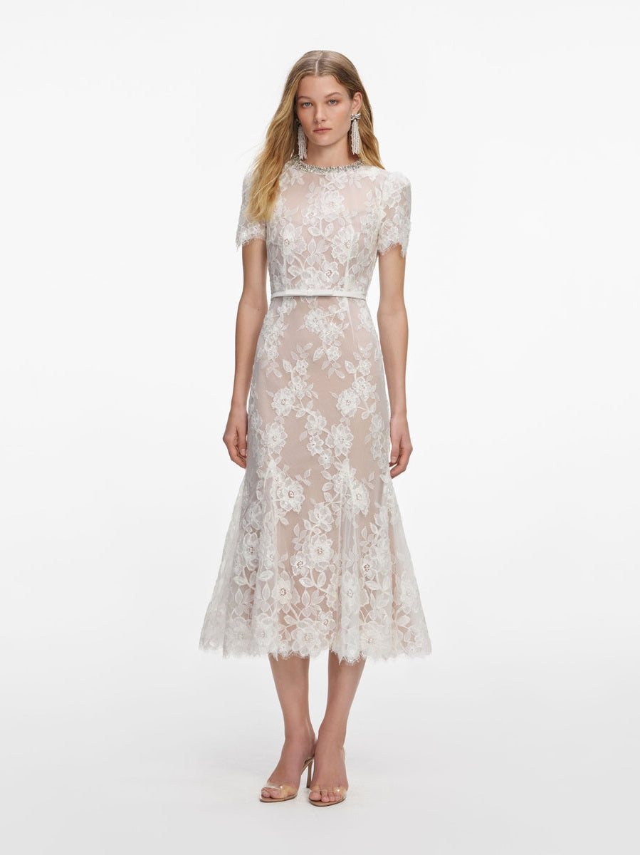 White sequin lace midi dress