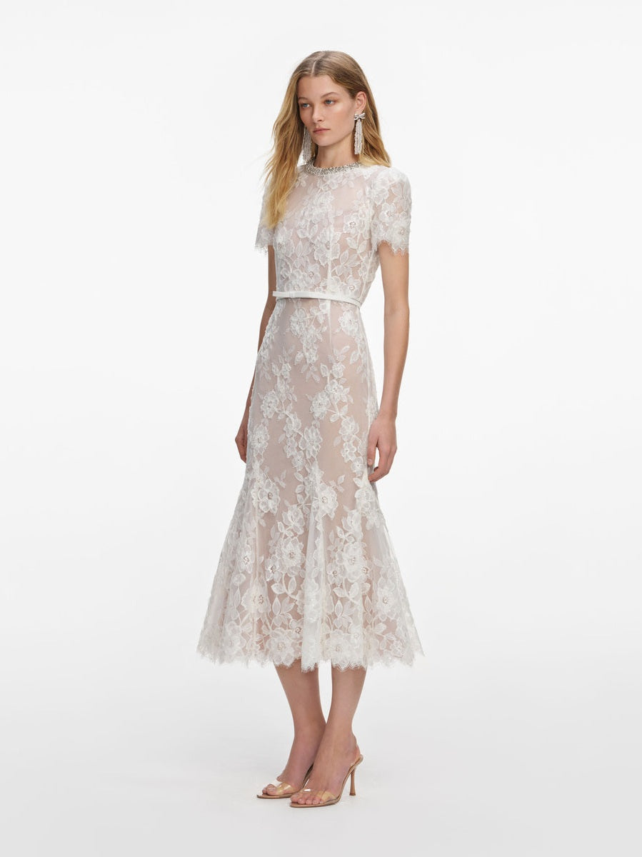 White sequin lace midi dress