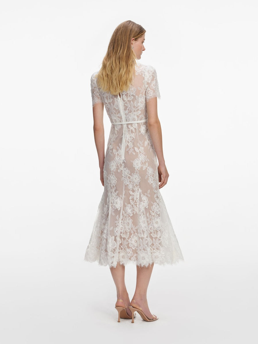 White sequin lace midi dress