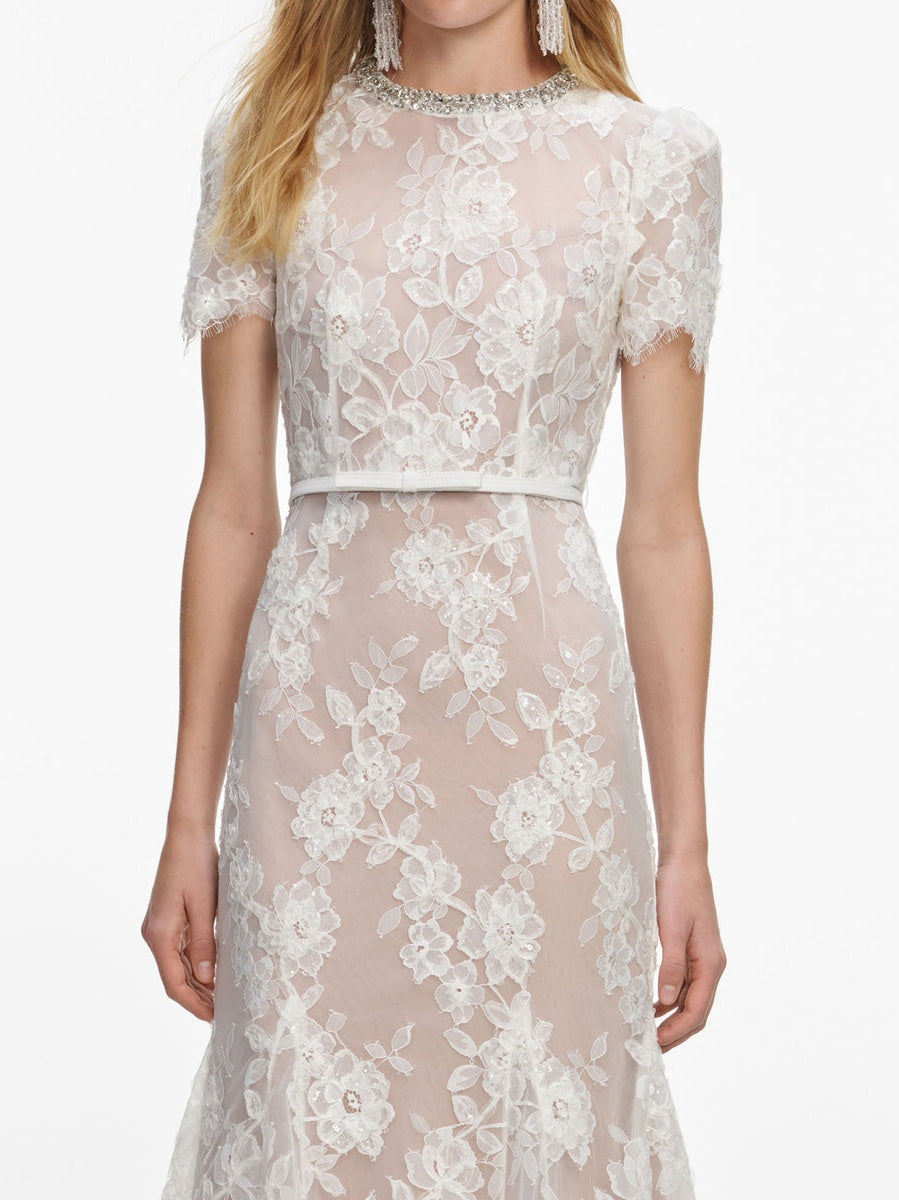 White sequin lace midi dress