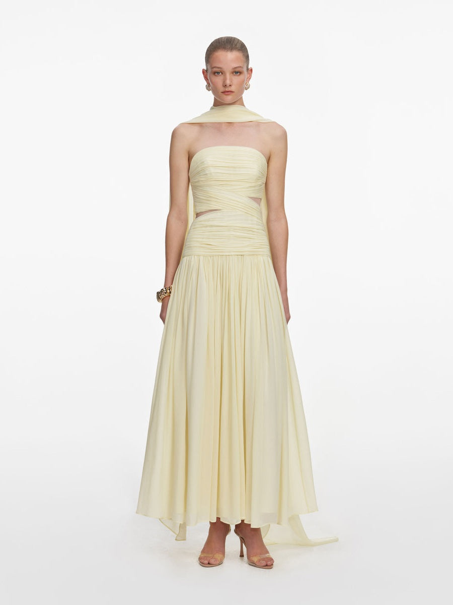 Yellow georgette scarf midi dress