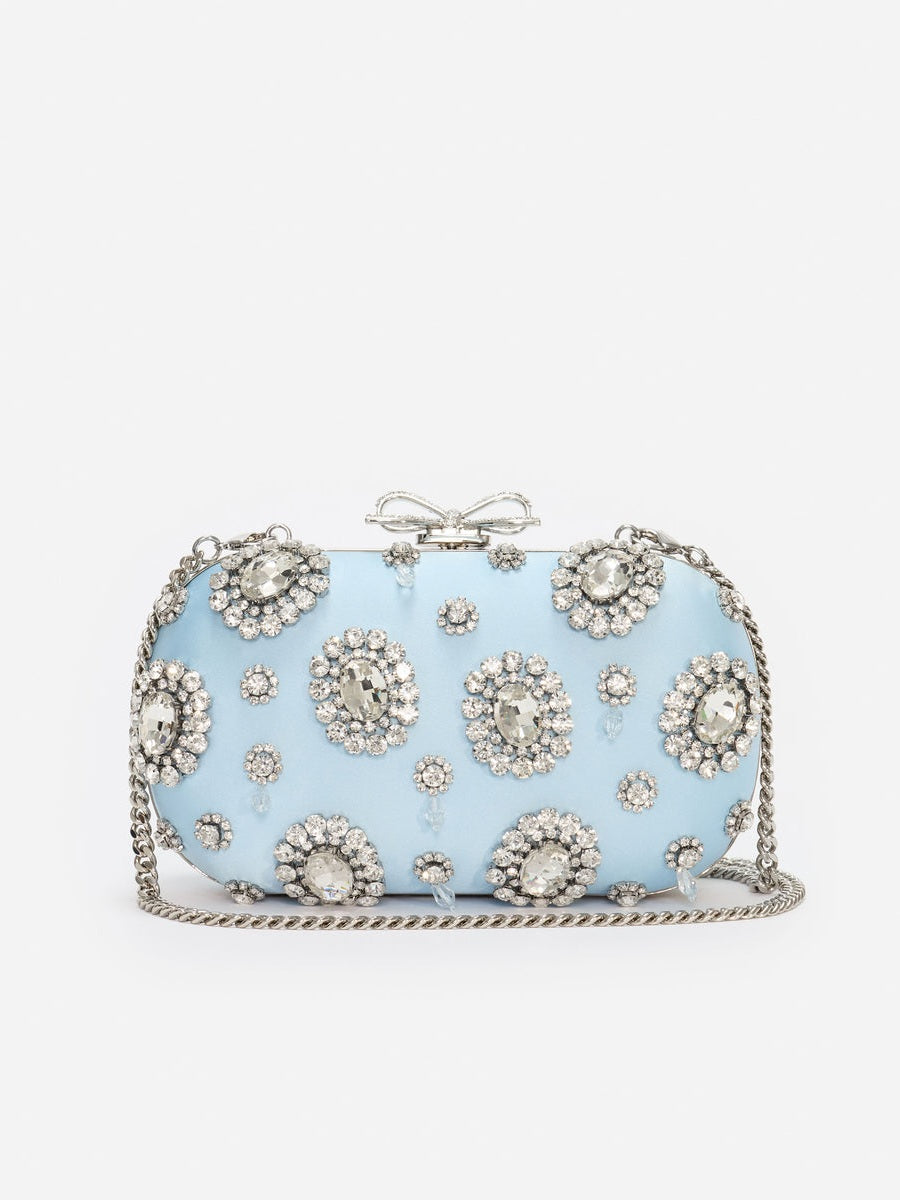 Blue satin multi crystal clutch bag