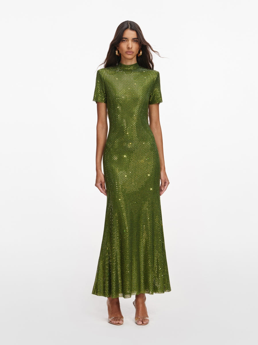 Olive rhinestone mesh midi dress