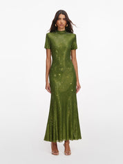 Olive rhinestone mesh midi dress