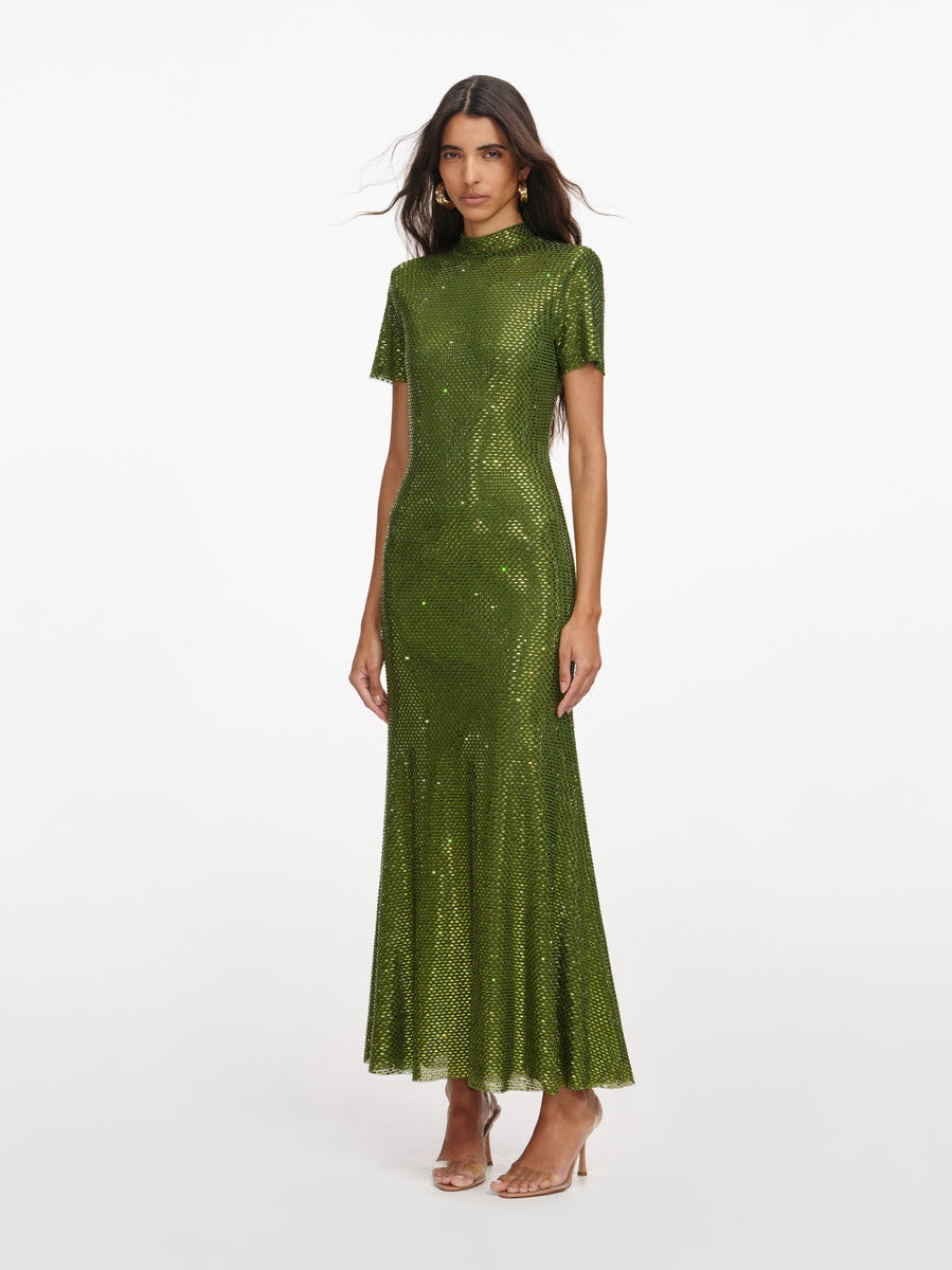 Olive rhinestone mesh midi dress