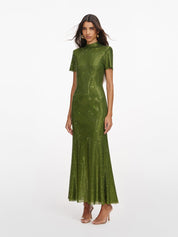 Olive rhinestone mesh midi dress