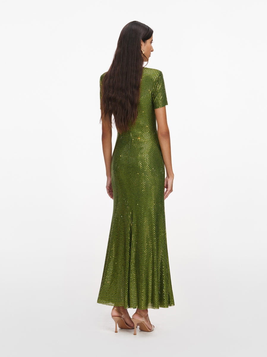 Olive rhinestone mesh midi dress