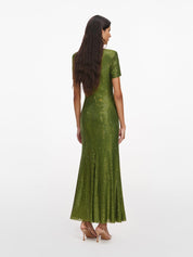 Olive rhinestone mesh midi dress