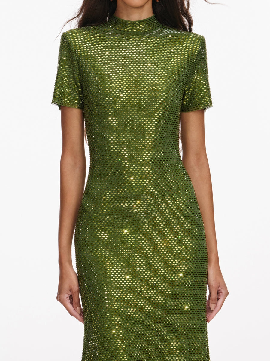 Olive rhinestone mesh midi dress