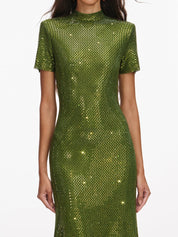 Olive rhinestone mesh midi dress