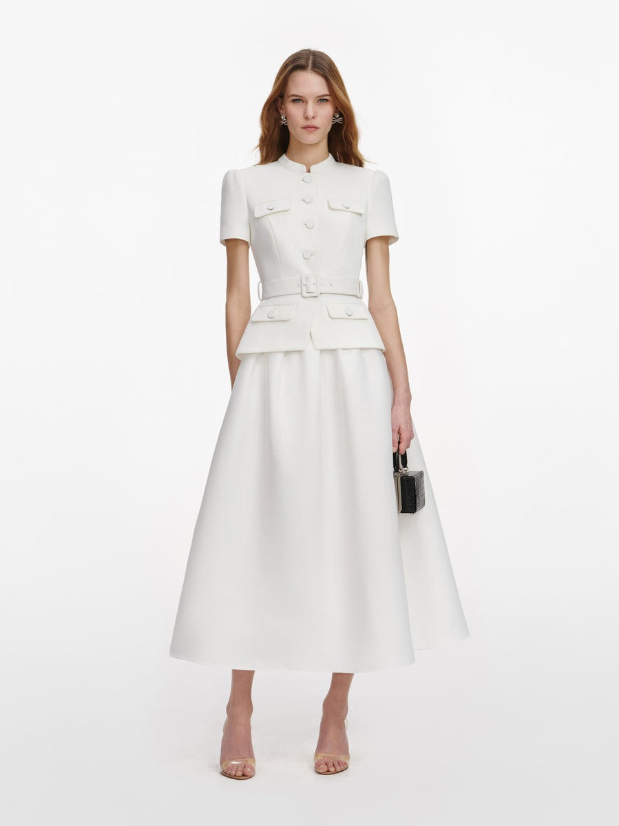 White tailored taffeta midi dress