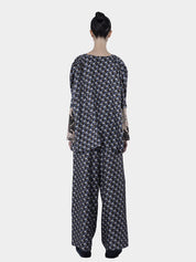 Surez twill silk print top with silk print embroidery appliqué