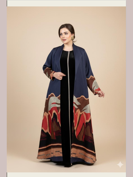 Navy abaya embroidered with colorful patterns with a velvet inner dress
