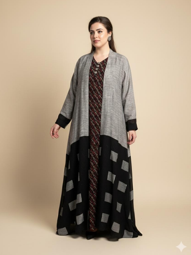 Two-piece abaya in gray and black linen with a patterned inner dress