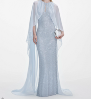 PALE BLUE RHINESTONE CAPE MAXI DRESS