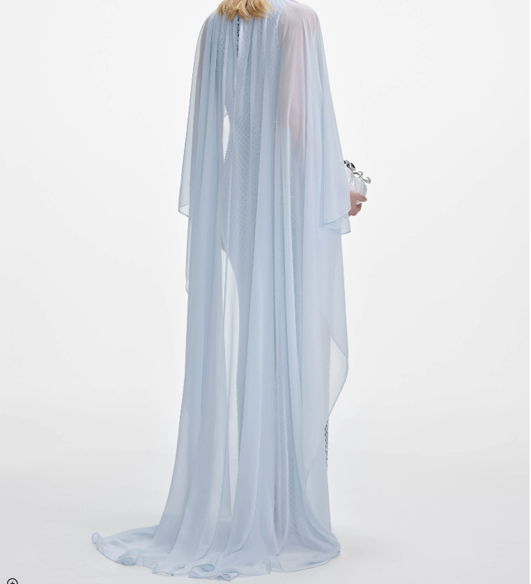 PALE BLUE RHINESTONE CAPE MAXI DRESS