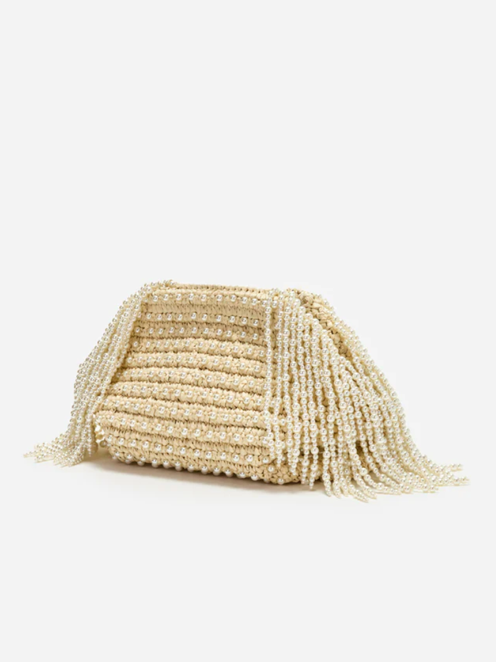 Raffia pearl fringe clutch