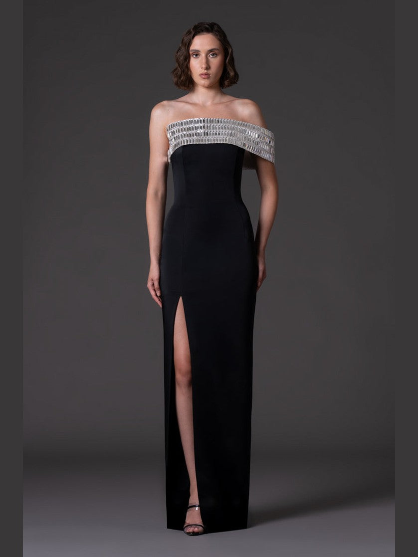 Scuba crepe dress with baguette embroidered neckline