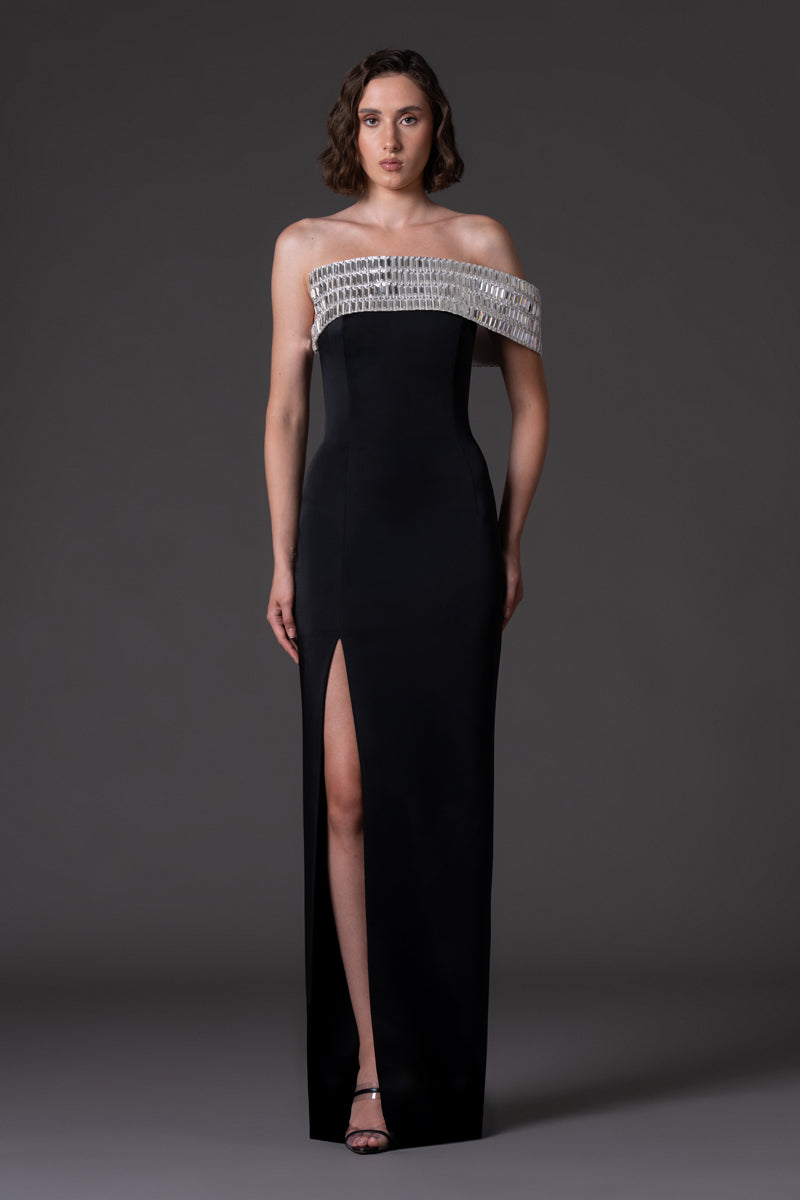 Scuba crepe dress with baguette embroidered neckline