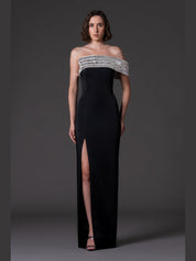 Scuba crepe dress with baguette embroidered neckline