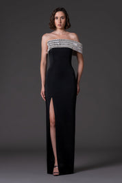 Scuba crepe dress with baguette embroidered neckline