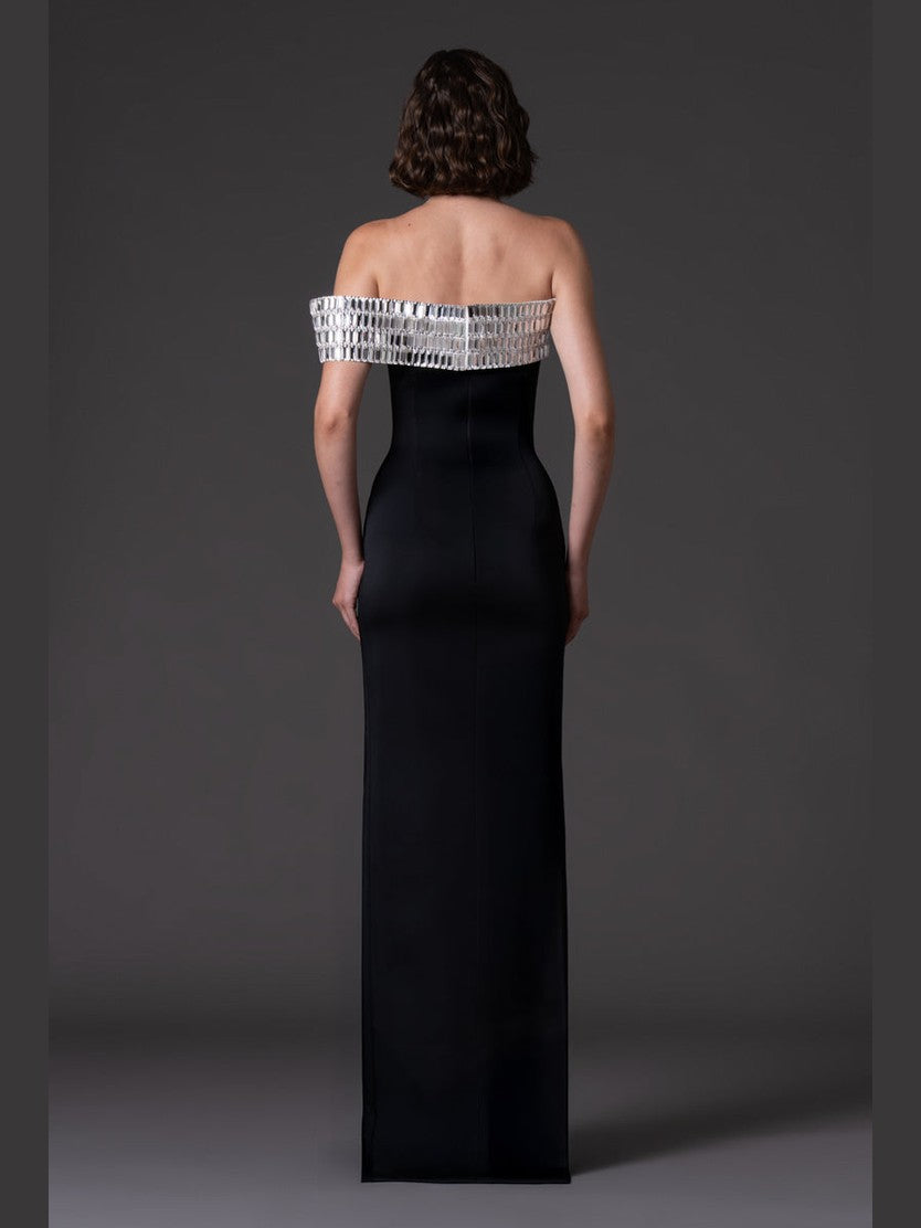 Scuba crepe dress with baguette embroidered neckline