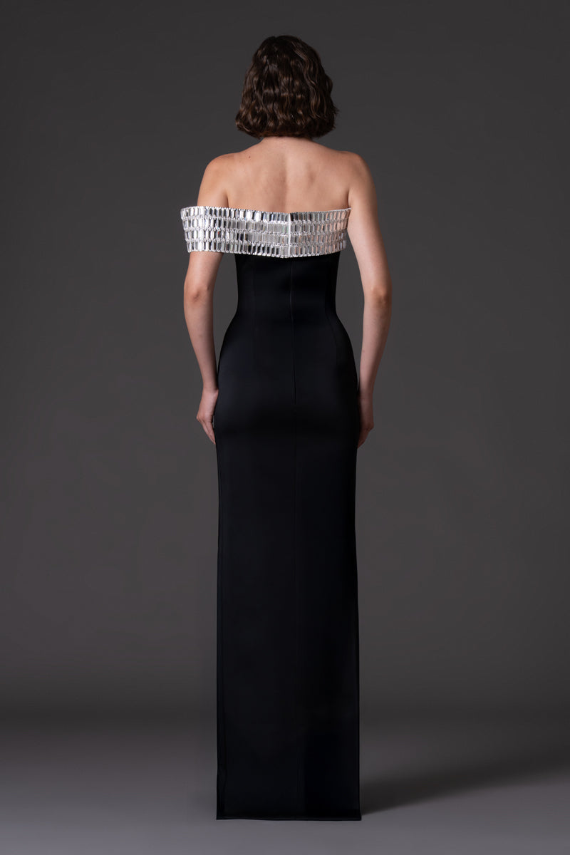 Scuba crepe dress with baguette embroidered neckline