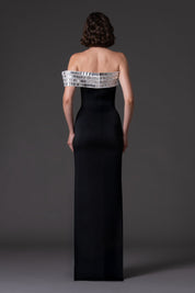 Scuba crepe dress with baguette embroidered neckline