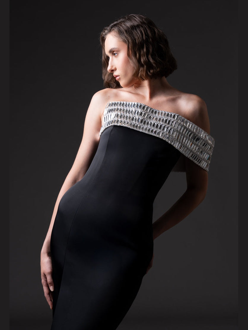 Scuba crepe dress with baguette embroidered neckline