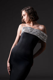 Scuba crepe dress with baguette embroidered neckline