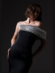 Scuba crepe dress with baguette embroidered neckline