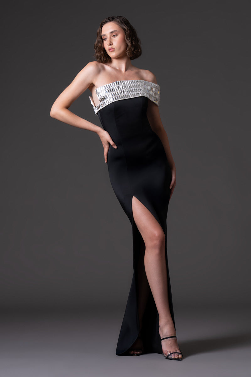 Scuba crepe dress with baguette embroidered neckline
