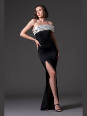 Scuba crepe dress with baguette embroidered neckline
