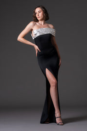Scuba crepe dress with baguette embroidered neckline