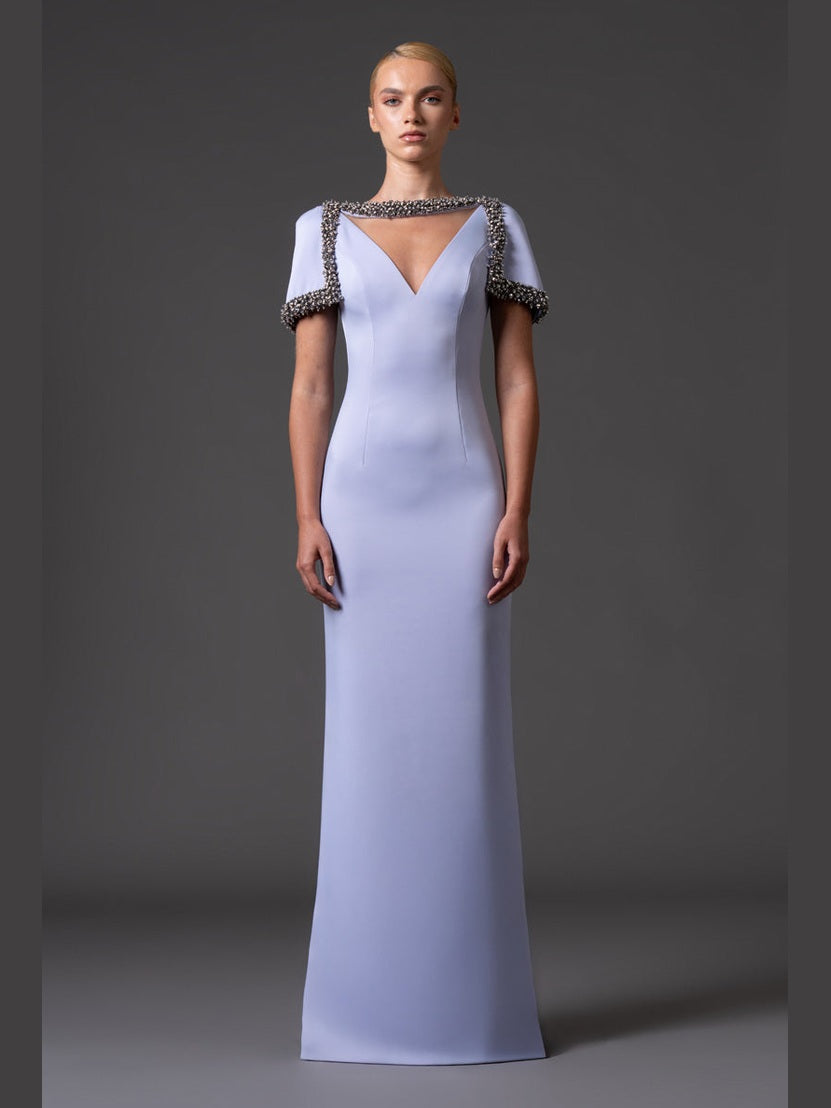Scuba crepe dress with crystal embroidered neckline and sleeves