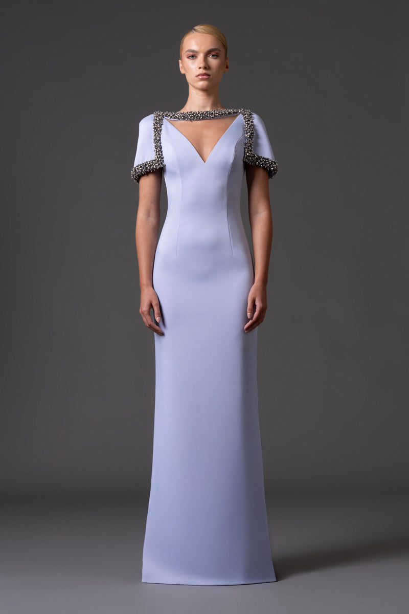Scuba crepe dress with crystal embroidered neckline and sleeves