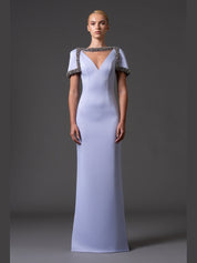 Scuba crepe dress with crystal embroidered neckline and sleeves