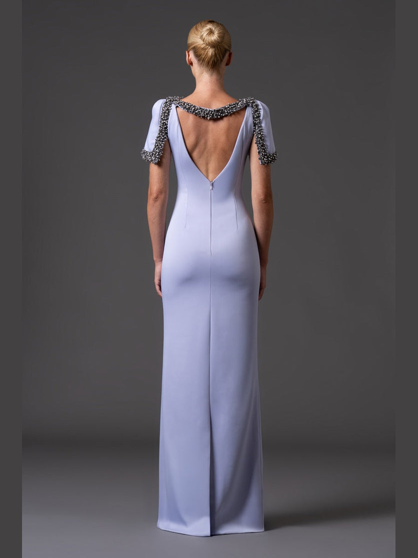 Scuba crepe dress with crystal embroidered neckline and sleeves