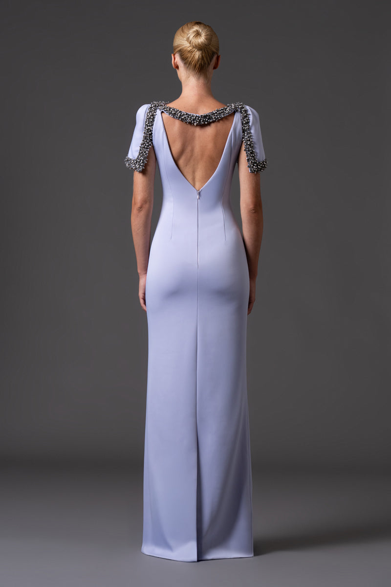 Scuba crepe dress with crystal embroidered neckline and sleeves
