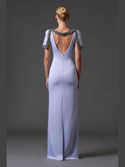 Scuba crepe dress with crystal embroidered neckline and sleeves