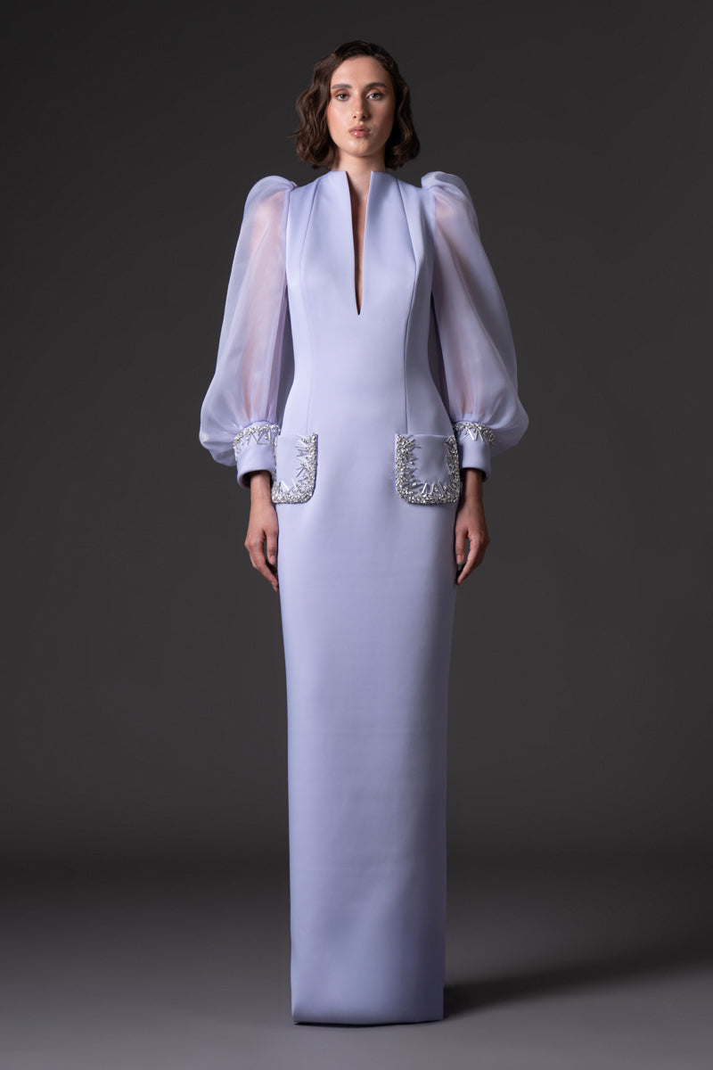 Scuba crepe dress with puffed organza sleeves and crystal embroidered cuffs and pockets