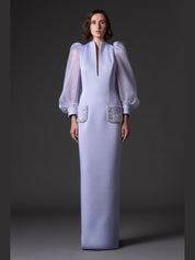 Scuba crepe dress with puffed organza sleeves and crystal embroidered cuffs and pockets