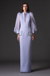 Scuba crepe dress with puffed organza sleeves and crystal embroidered cuffs and pockets