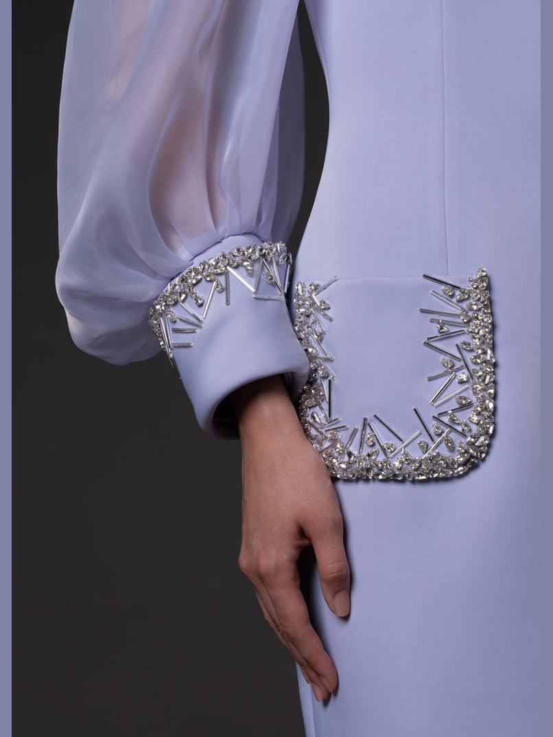 Scuba crepe dress with puffed organza sleeves and crystal embroidered cuffs and pockets