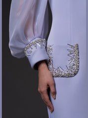 Scuba crepe dress with puffed organza sleeves and crystal embroidered cuffs and pockets