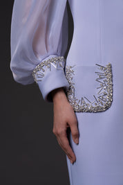Scuba crepe dress with puffed organza sleeves and crystal embroidered cuffs and pockets