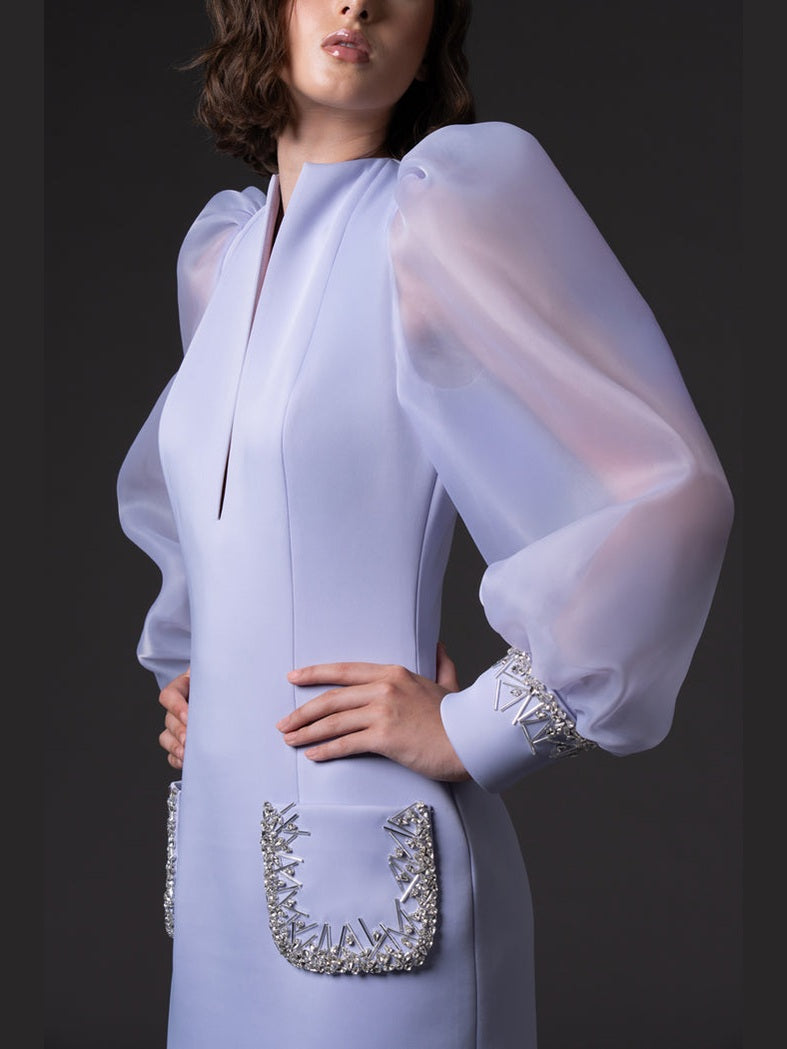 Scuba crepe dress with puffed organza sleeves and crystal embroidered cuffs and pockets