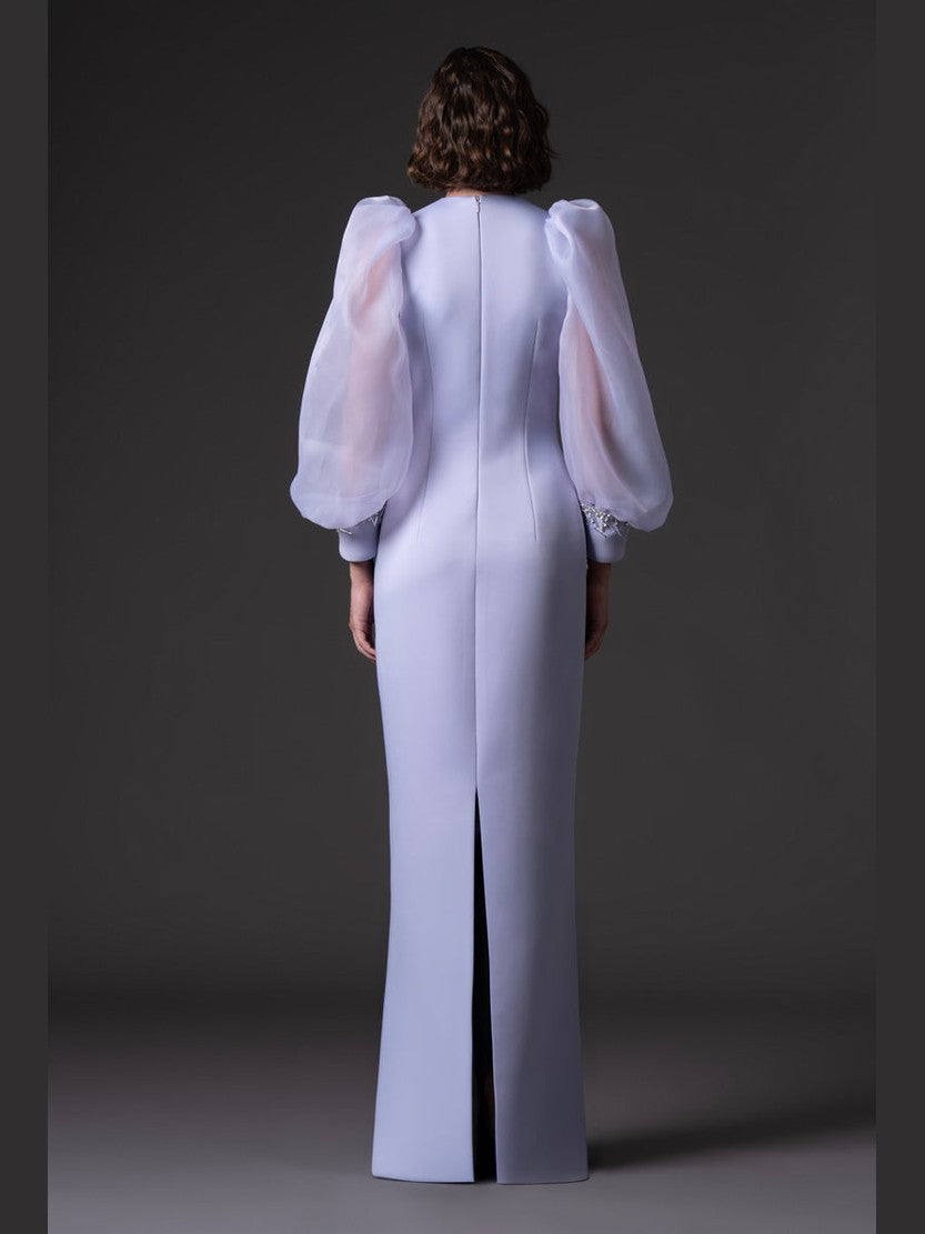 Scuba crepe dress with puffed organza sleeves and crystal embroidered cuffs and pockets