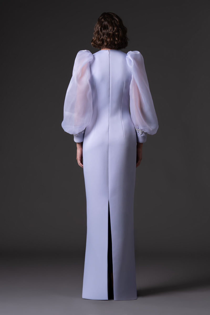 Scuba crepe dress with puffed organza sleeves and crystal embroidered cuffs and pockets