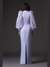 Scuba crepe dress with puffed organza sleeves and crystal embroidered cuffs and pockets